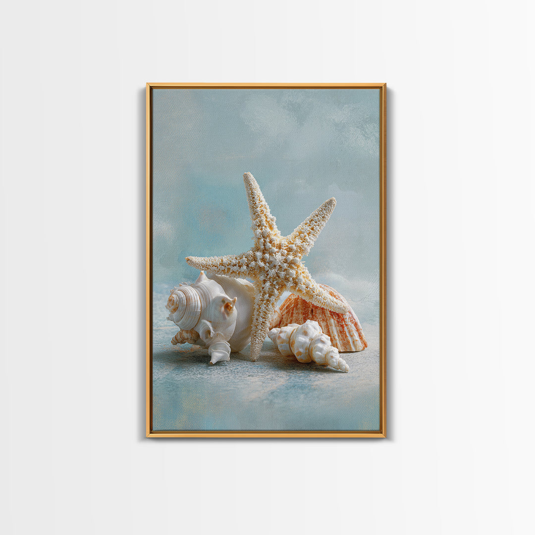 Sun Bleached Starfish and Shells Still Life Framed Canvas Print, Beach Art, Coastal Decor, Oil Painting, Shore, BEA-2x3-21