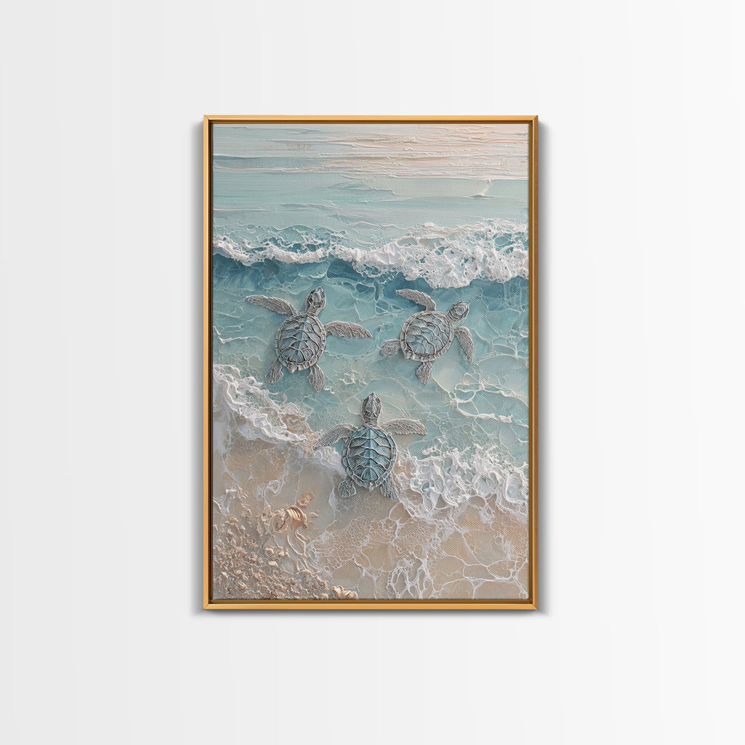Family of Sea Turtles Crossing Moonlit Sand Framed Canvas Print, Beach Art, Textured Painting, Coastal Decor, Fine Art, Shore, BEA-2x3-22