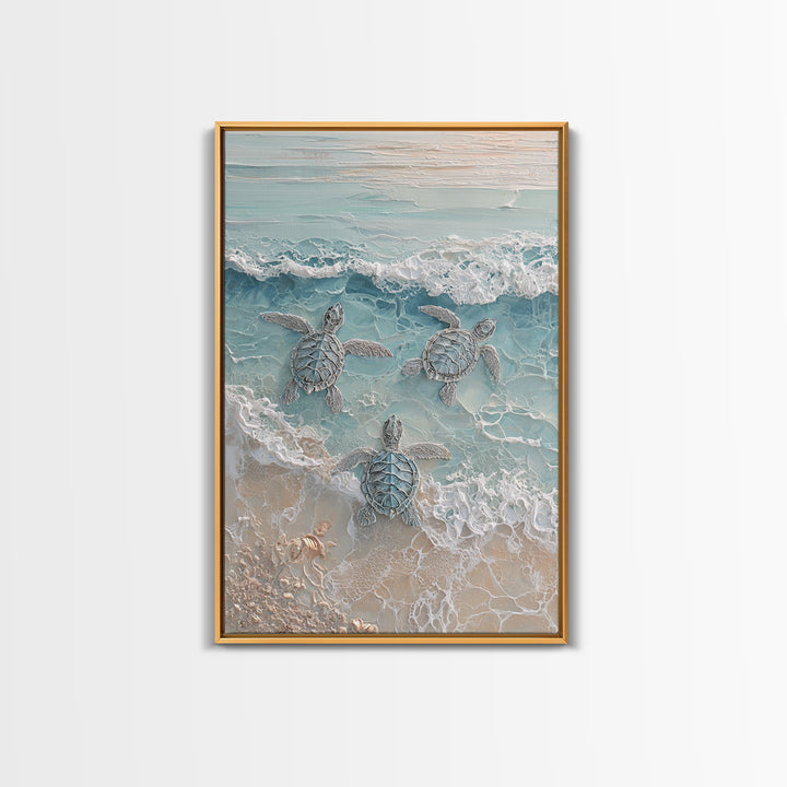 Family of Sea Turtles Crossing Moonlit Sand Framed Canvas Print, Beach Art, Textured Painting, Coastal Decor, Fine Art, Shore, BEA-2x3-22