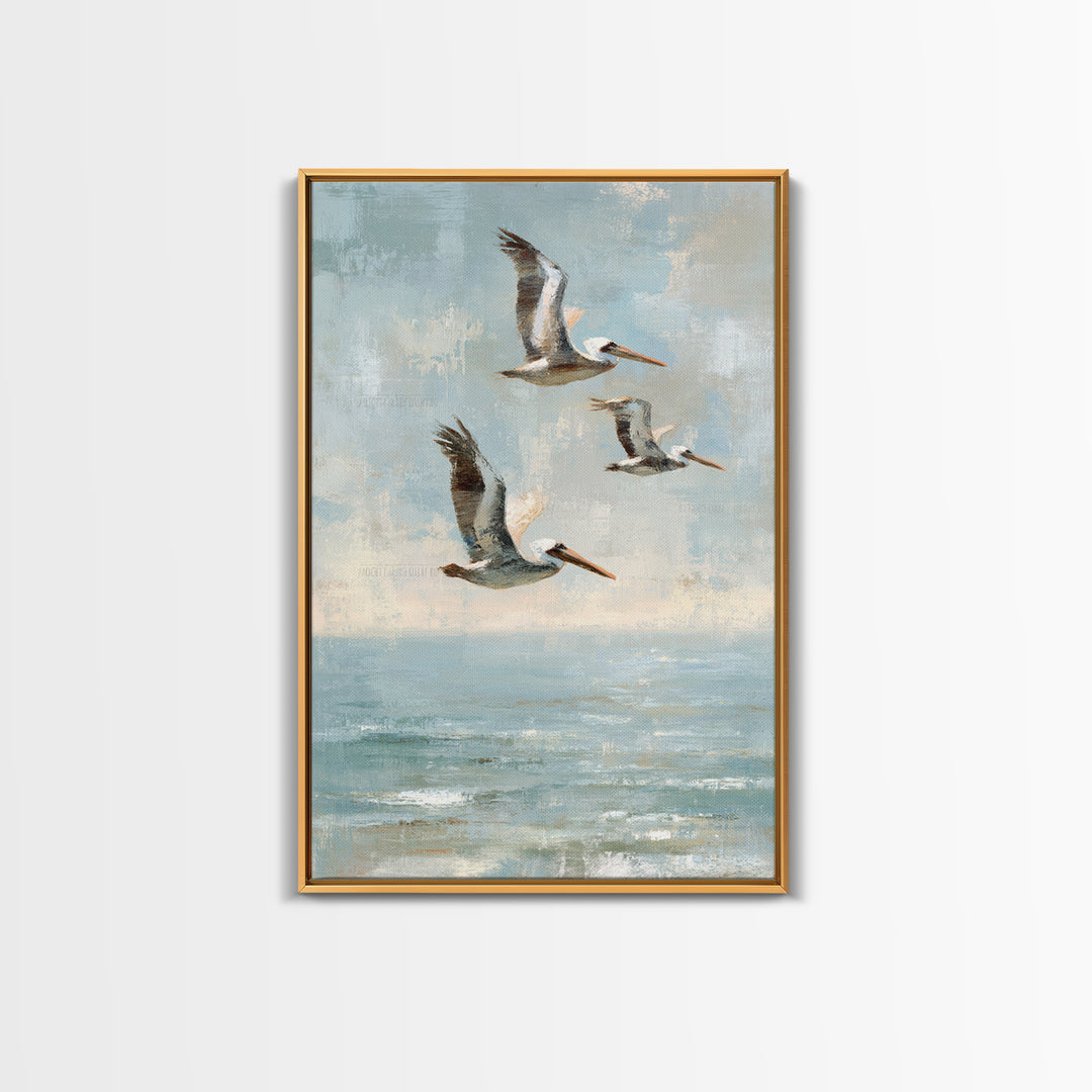 Pelicans Flying Low Framed Canvas Print, Beach Art, Beach Print, Coastal Decor, Fine Art, Shore, Textured Painting, BEA-2x3-3