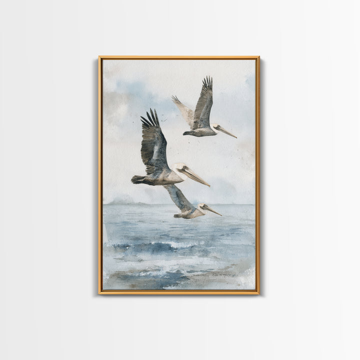 Pelicans Flying Low Framed Canvas Print, Beach Art, Room Decor, Coastal Decor, Oil Painting, Shore, Original Painting, BEA-2x3-51