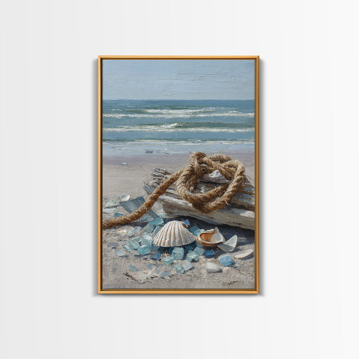 Nautical Rope and Shell Still Life Framed Canvas Print, Beach Art, Original Art, Coastal Decor, Fine Art, Shore, Beach Decor, BEA-2x3-97