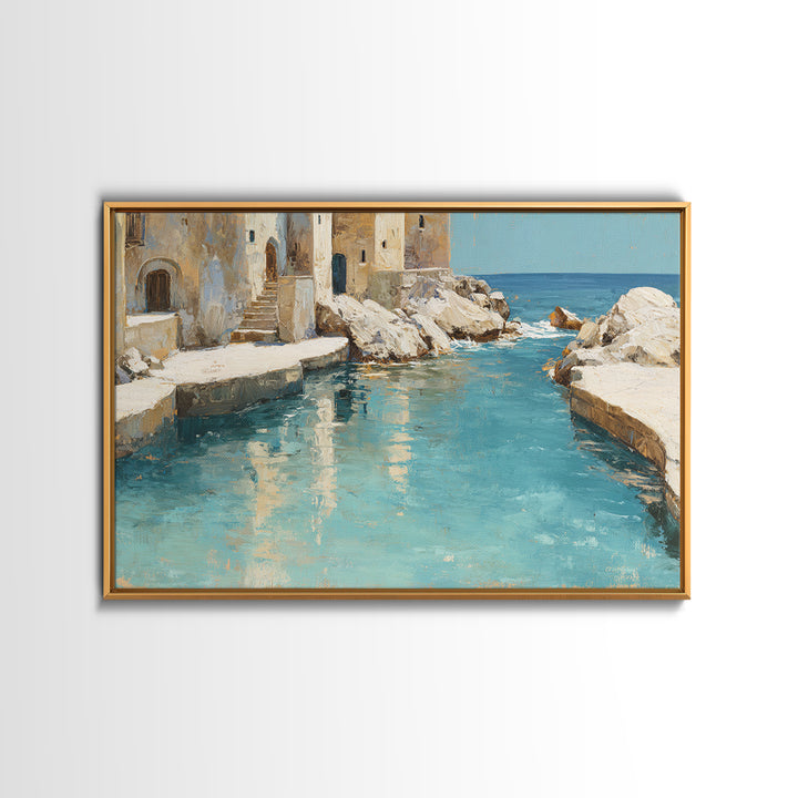 Mediterranean Cove with Clear Water Framed Canvas Print, Beach Art, Whimsical Decor, Coastal Decor, Shore, Beach Print, BEA-3x2-24