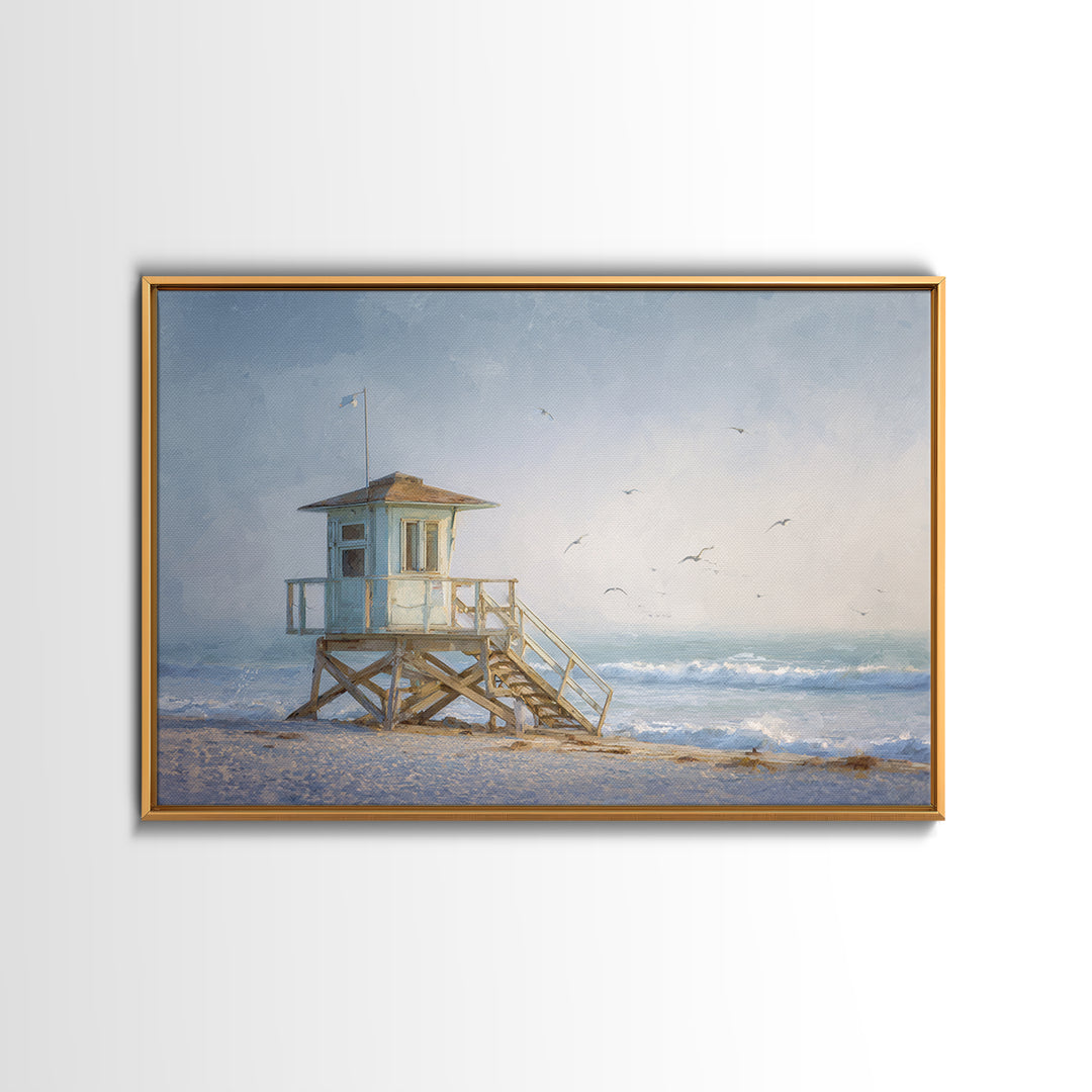 Quiet Lifeguard Tower at Golden Hour Framed Canvas Print, Beach Art, Coastal Decor, Oil Painting, Shore, Whimsical Decor, BEA-3x2-55