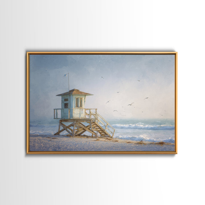 Quiet Lifeguard Tower at Golden Hour Framed Canvas Print, Beach Art, Coastal Decor, Oil Painting, Shore, Whimsical Decor, BEA-3x2-55