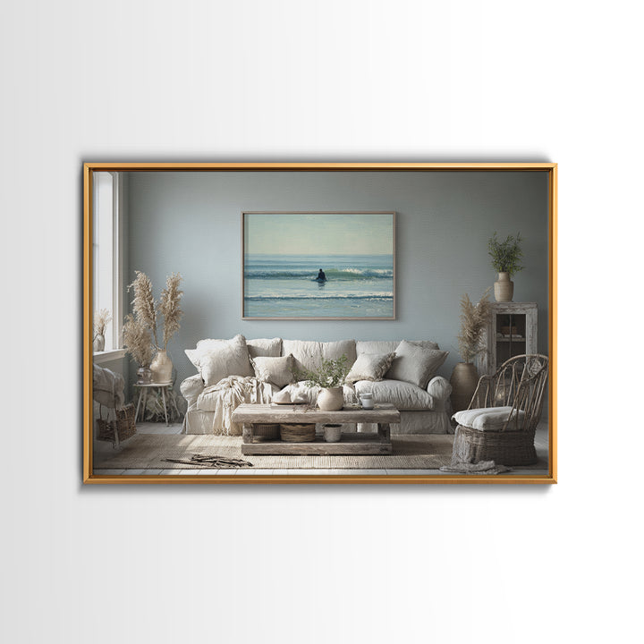 Surfer Silhouette Riding a Glassy Wave Framed Canvas Print, Beach Art, Art, Coastal Decor, Oil Painting, Shore, BEA-3x2-91