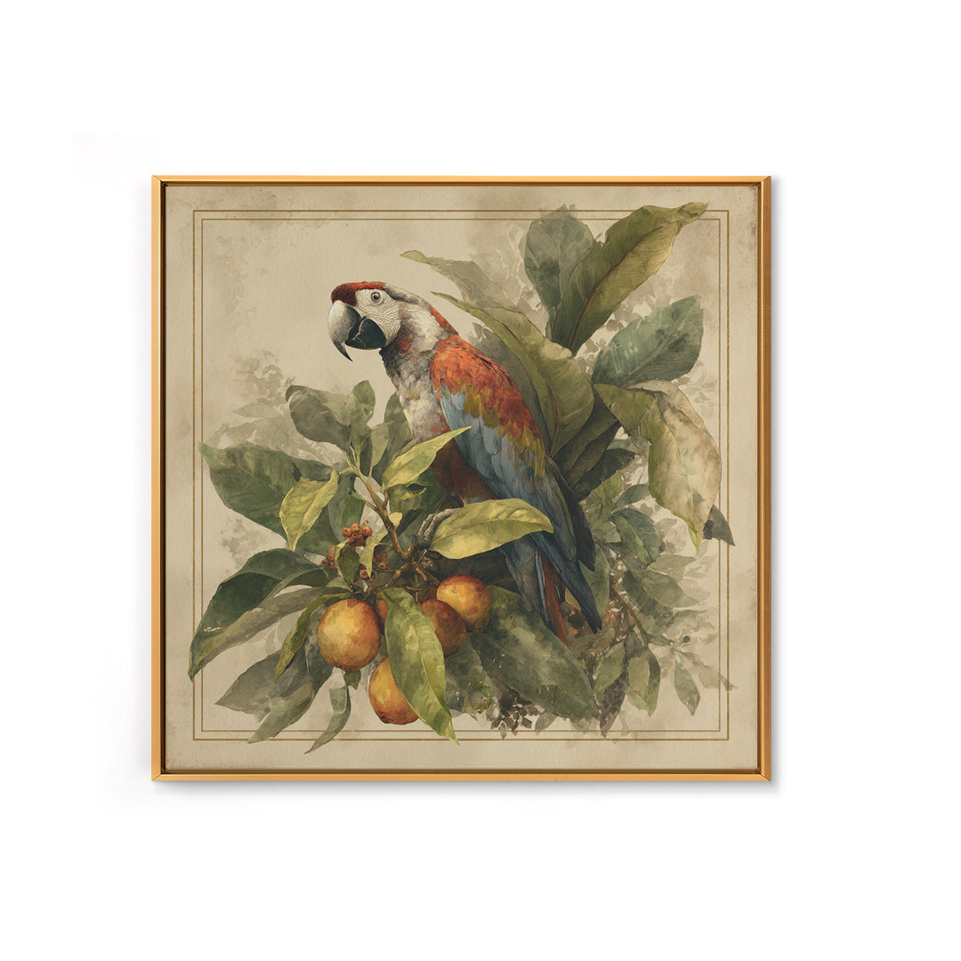 Parrot Among Tropical Leaves and Fruit Canvas Print, Bird Art, Living Room Art, Living Room Decor, Watercolor Art, Flight, BIR-1x1-13