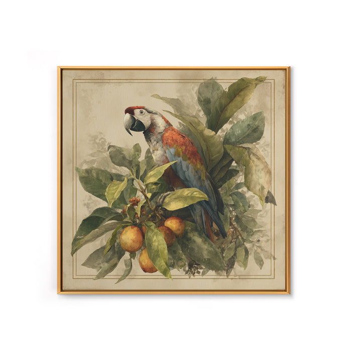 Parrot Among Tropical Leaves and Fruit Canvas Print, Bird Art, Living Room Art, Living Room Decor, Watercolor Art, Flight, BIR-1x1-13