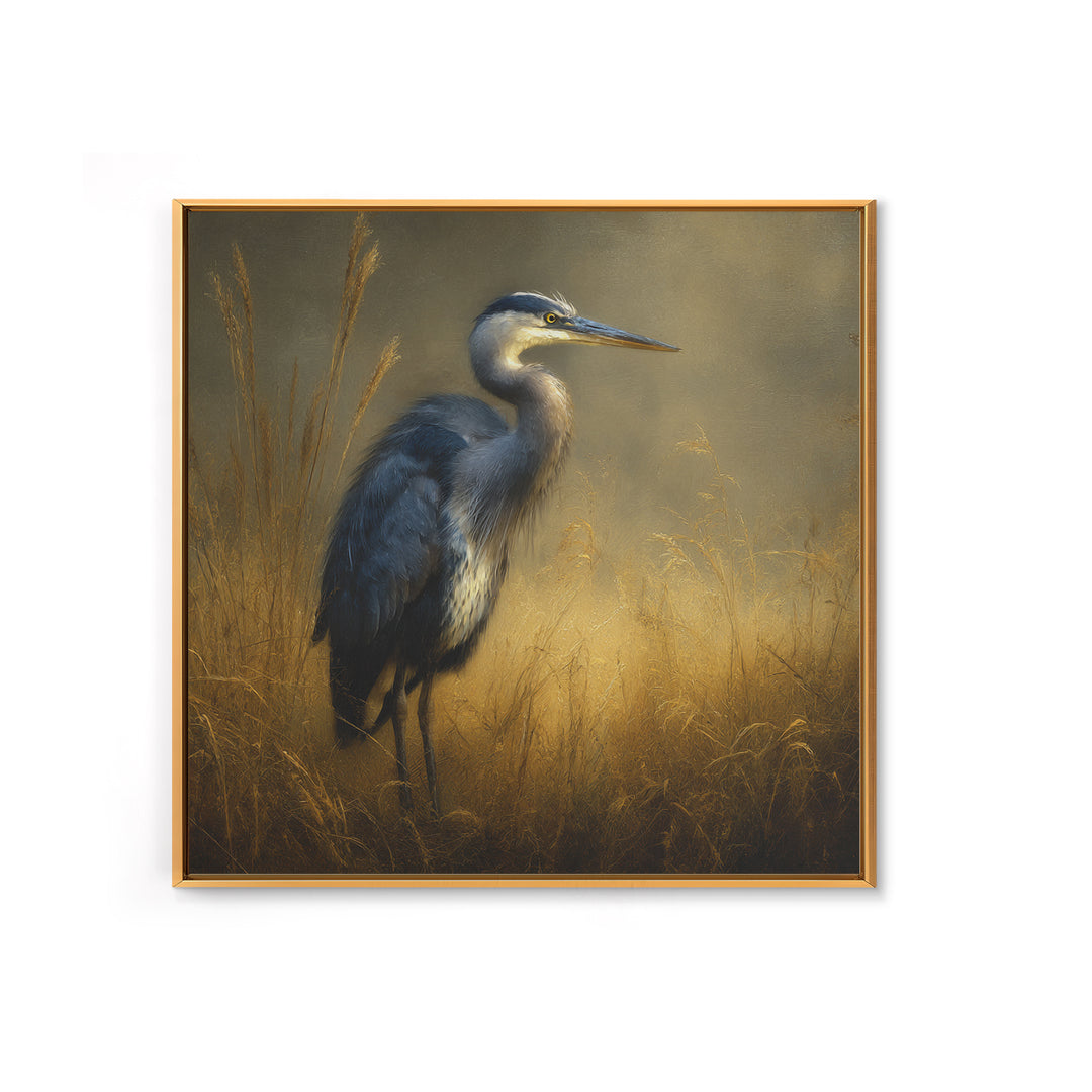 Blue Heron in Misty Marsh Grass Framed Canvas Print, Bird Art, Gallery Wall, Living Room Decor, Fine Art, Flight, Gallery Decor, BIR-1x1-2