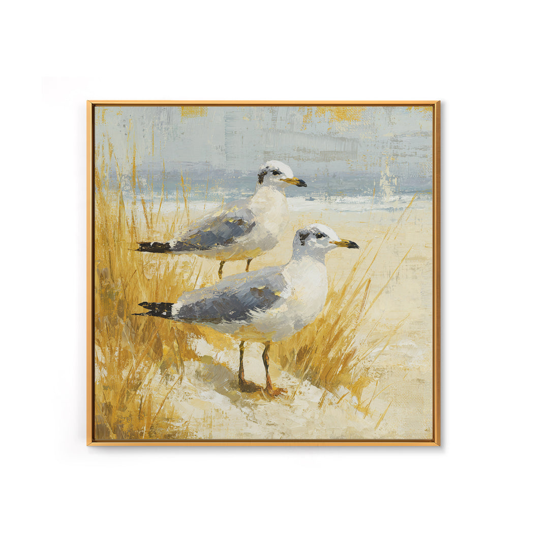 Seagulls Above a Pale Beach Horizon Canvas Print, Bird Art, Mid Century Modern, Living Room Decor, Flight, Botanical Wall Art, BIR-1x1-20