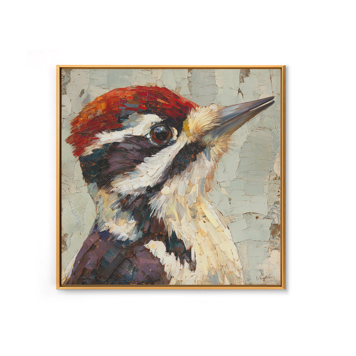 Woodpecker on Birch Bark Texture Framed Canvas Print, Bird Art, Bird Wall Art, Living Room Decor, Fine Art, Flight, Art Print, BIR-1x1-21