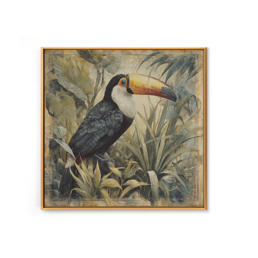 Toucan Framed by Bold Jungle Foliage Canvas Print, Bird Art, Printable Art, Living Room Decor, Flight, Mid Century Wall Art, BIR-1x1-23
