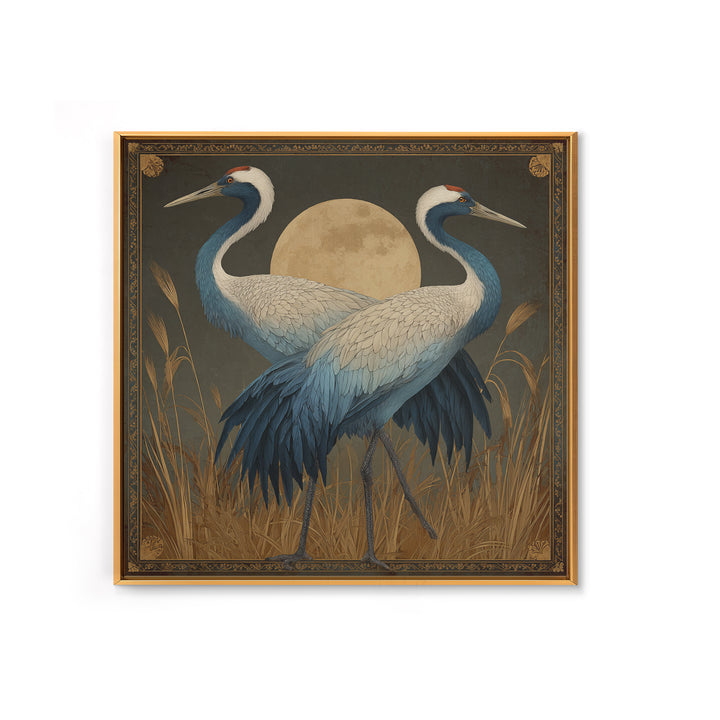 Pair of Cranes Dancing Framed Canvas Print, Bird Art, Living Room Decor, Fine Art, Flight, Rustic Home Decor, Floral Art, BIR-1x1-27