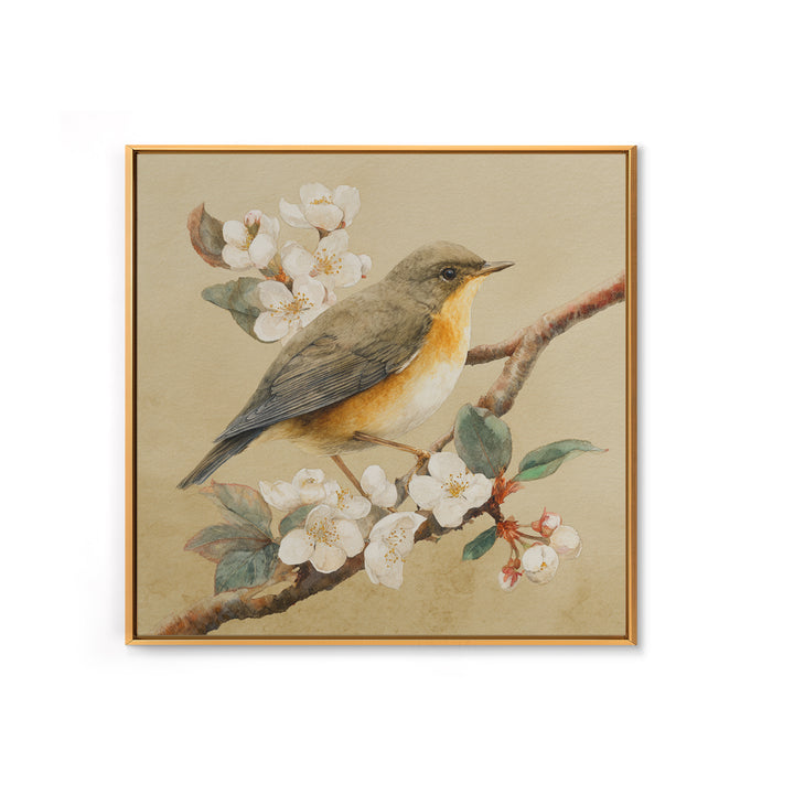 Songbird Perched on Cherry Blossoms Framed Canvas Print, Bird Art, Gallery Decor, Living Room Decor, Fine Art, Flight, BIR-1x1-32