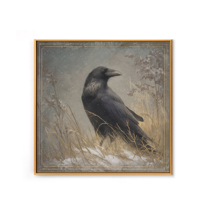 Raven Silhouette with Gothic Atmosphere Framed Canvas Print, Bird Art, Statement Artwork, Living Room Decor, Abstract Art, BIR-1x1-33