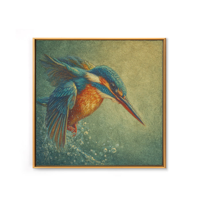 Kingfisher Diving Toward Blue Water Canvas Print, Bird Art, Botanical Wall Art, Living Room Decor, Flight, Forest Wall Art, BIR-1x1-35