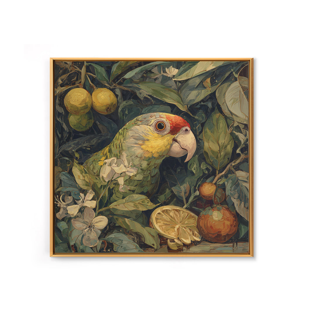 Parrot Among Tropical Leaves and Fruit Framed Canvas Print, Bird Art, Forest Wall Art, Living Room Decor, Oil Painting, Flight, BIR-1x1-37