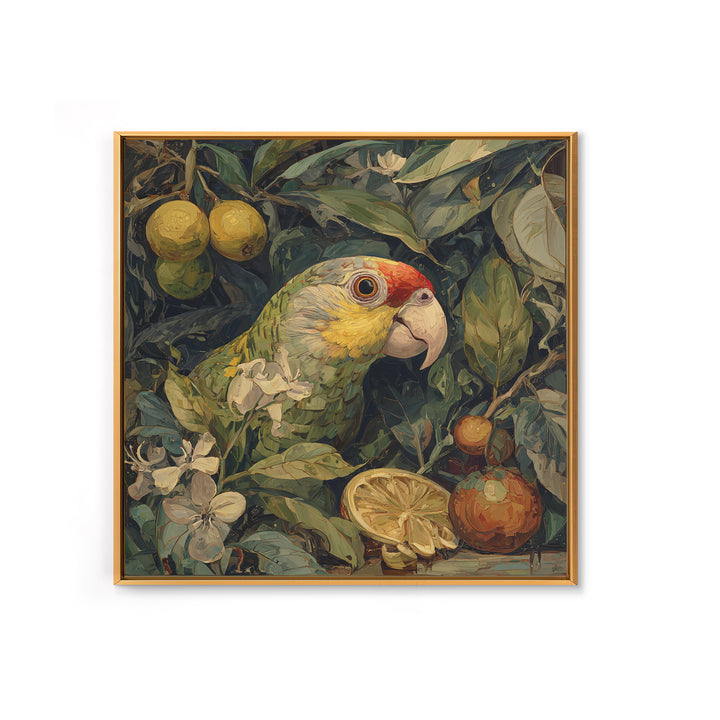 Parrot Among Tropical Leaves and Fruit Framed Canvas Print, Bird Art, Forest Wall Art, Living Room Decor, Oil Painting, Flight, BIR-1x1-37