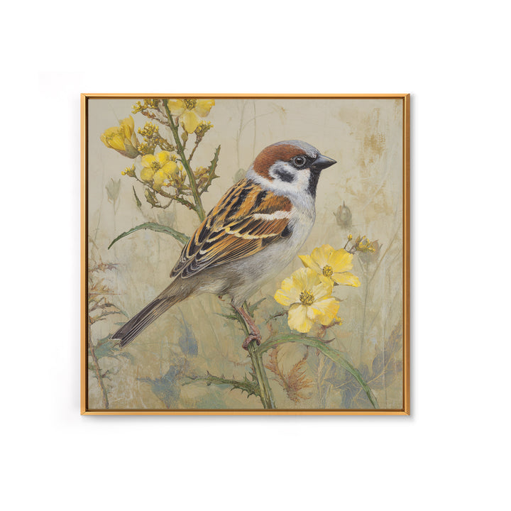 Small Sparrow on Wildflower Stem Framed Canvas Print, Bird Art, Nature Wall Art, Living Room Decor, Fine Art, Flight, BIR-1x1-38