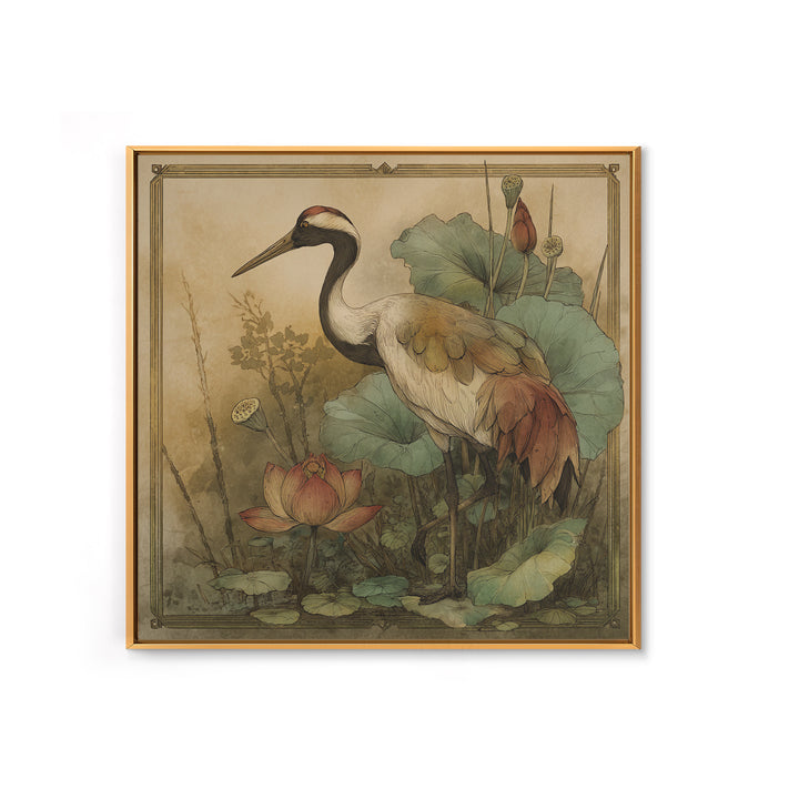Crane and Lotus Composition Framed Canvas Print, Bird Art, Gallery Decor, Living Room Decor, Fine Art, Flight, Contemporary Art, BIR-1x1-41