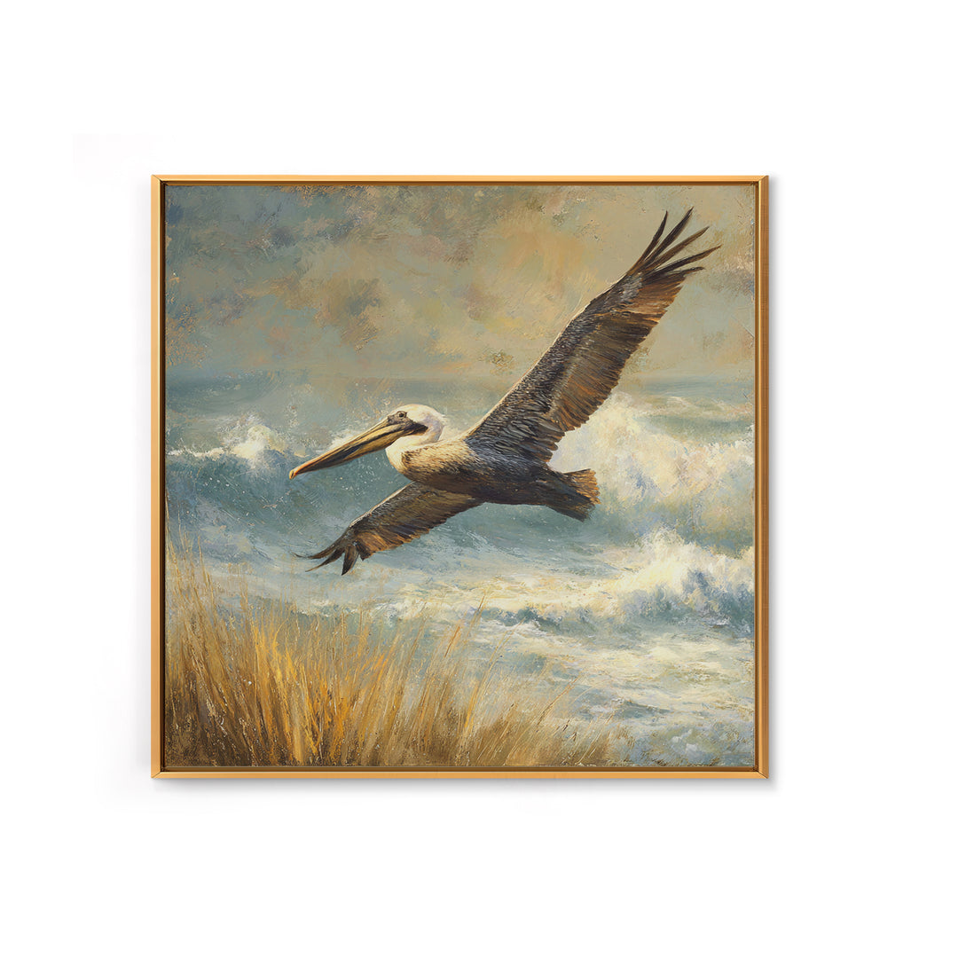 Pelican Flying over Coastal Waves Framed Canvas Print, Bird Art, Digital Download Art, Living Room Decor, Abstract Art, Flight, BIR-1x1-42