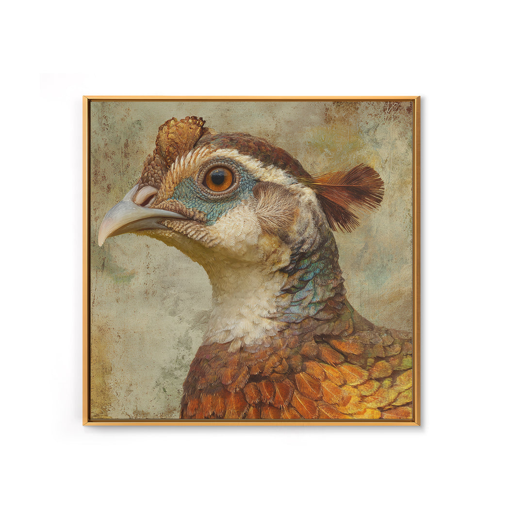 Pheasant with Ornate Feather Details Framed Canvas Print, Bird Art, Mcm Decor, Living Room Decor, Oil Painting, Flight, BIR-1x1-43