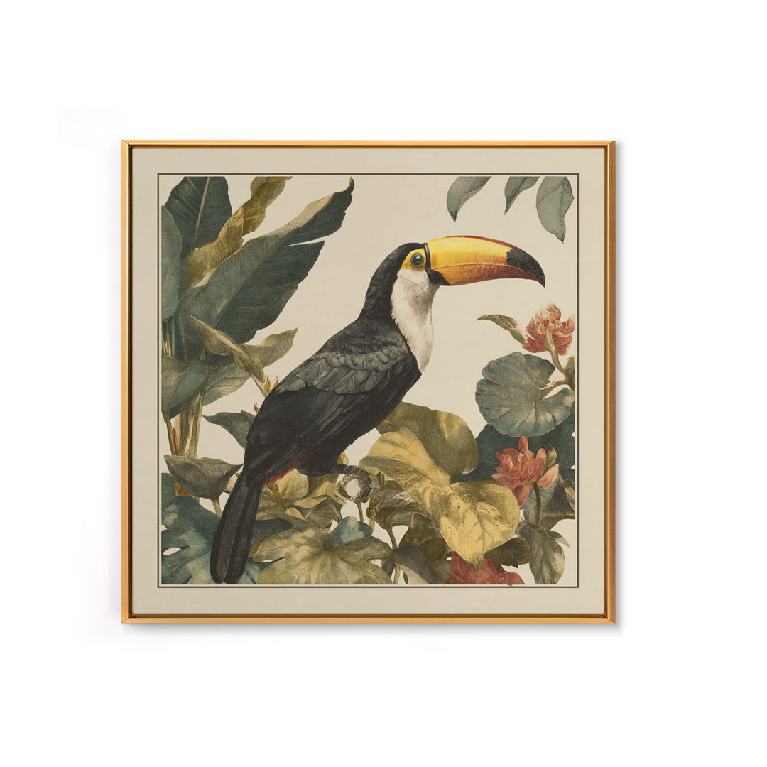 Toucan Framed by Bold Jungle Foliage Framed Canvas Print, Bird Art, Boho Wall Decor, Living Room Decor, Fine Art, Flight, BIR-1x1-47