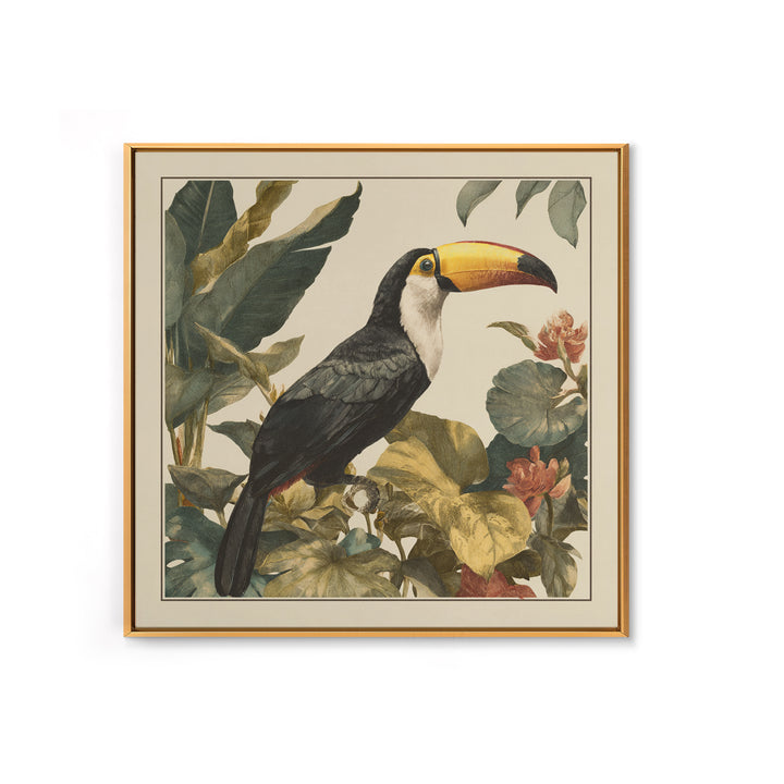 Toucan Framed by Bold Jungle Foliage Framed Canvas Print, Bird Art, Boho Wall Decor, Living Room Decor, Fine Art, Flight, BIR-1x1-47