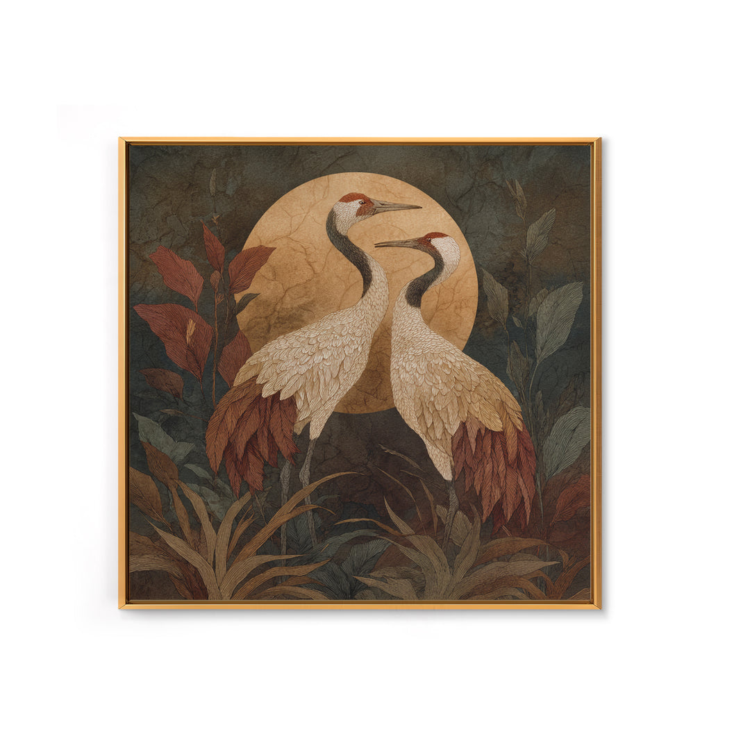 Pair of Cranes Dancing Framed Canvas Print, Bird Art, Nature Wall Art, Living Room Decor, Oil Painting, Flight, BIR-1x1-51