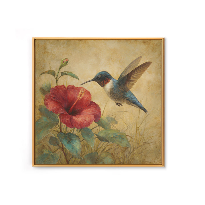 Hummingbird Hovering Beside Bright Hibiscus Framed Canvas Print, Bird Art, Gallery Wall, Living Room Decor, Fine Art, Flight, BIR-1x1-52