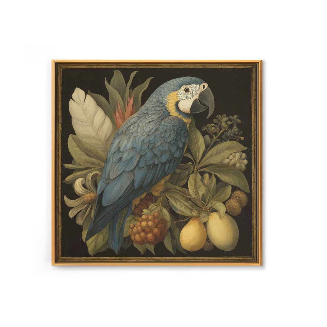 Parrot Among Tropical Leaves and Fruit Framed Canvas Print, Bird Art, Forest Wall Art, Living Room Decor, Oil Painting, Flight, BIR-1x1-61