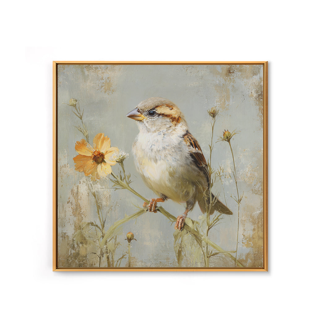 Small Sparrow on Wildflower Stem Framed Canvas Print, Bird Art, Nature Wall Art, Living Room Decor, Fine Art, Flight, BIR-1x1-62