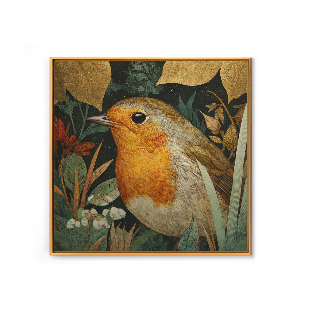 Robin in a Spring Garden with Soft Framed Canvas Print, Bird Art, Forest Wall Art, Living Room Decor, Oil Painting, Flight, BIR-1x1-63