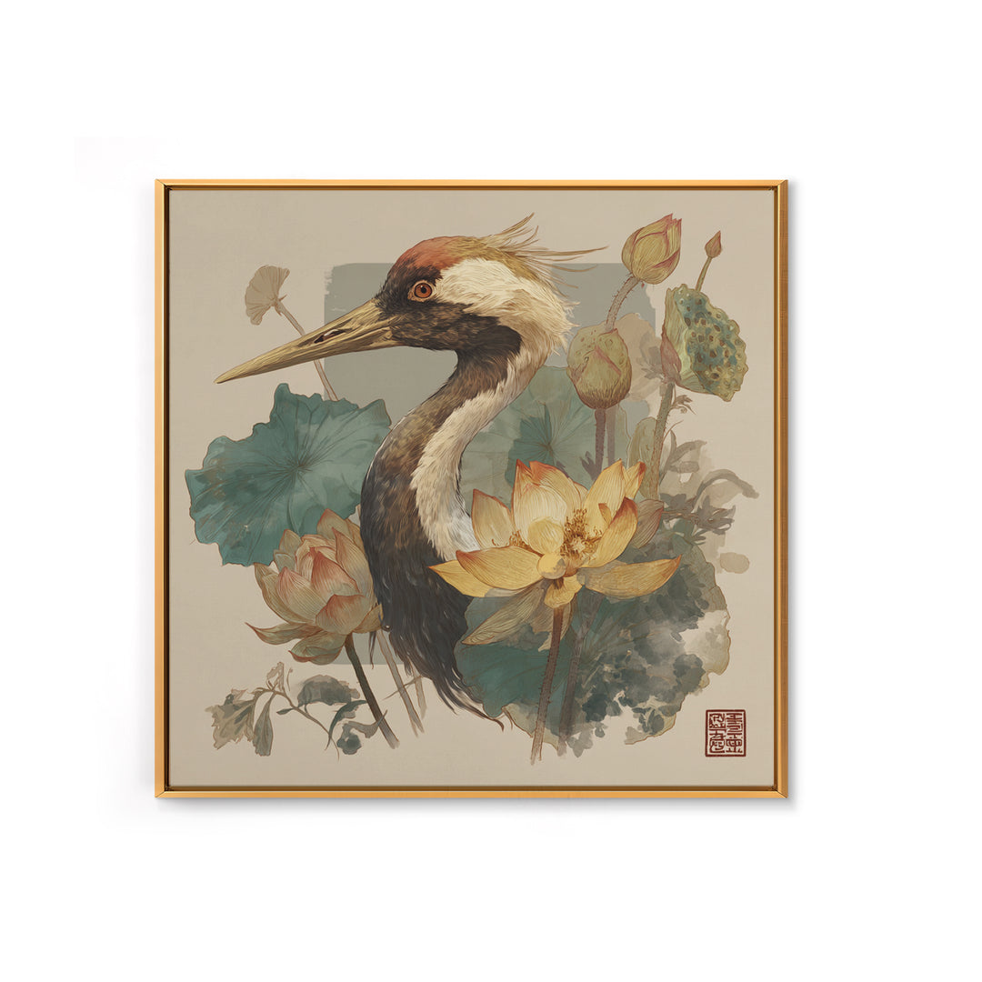 Crane and Lotus Composition Framed Canvas Print, Bird Art, Gallery Decor, Living Room Decor, Fine Art, Flight, Contemporary Art, BIR-1x1-65