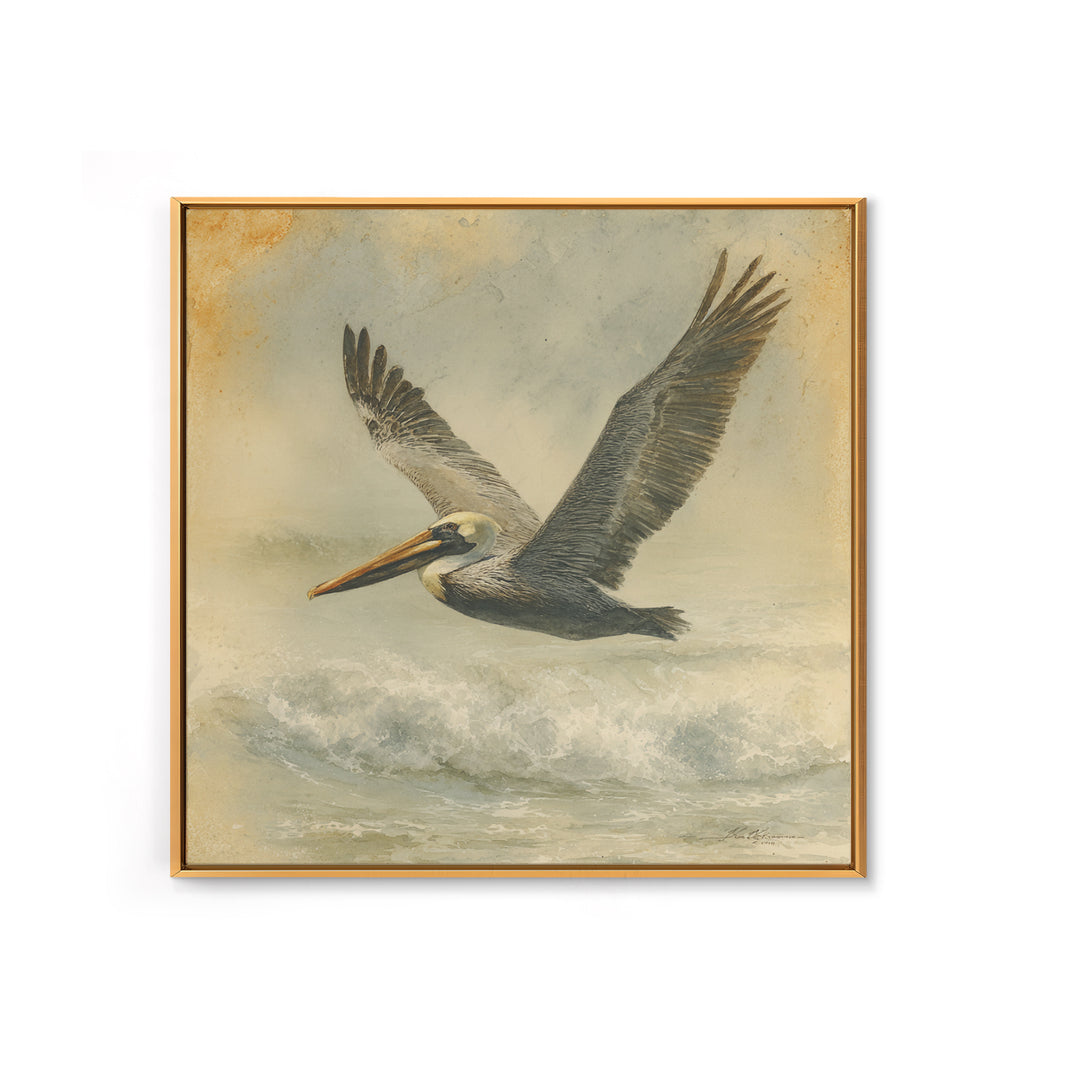 Pelican Flying over Coastal Waves Framed Canvas Print, Bird Art, Digital Download Art, Living Room Decor, Abstract Art, Flight, BIR-1x1-66