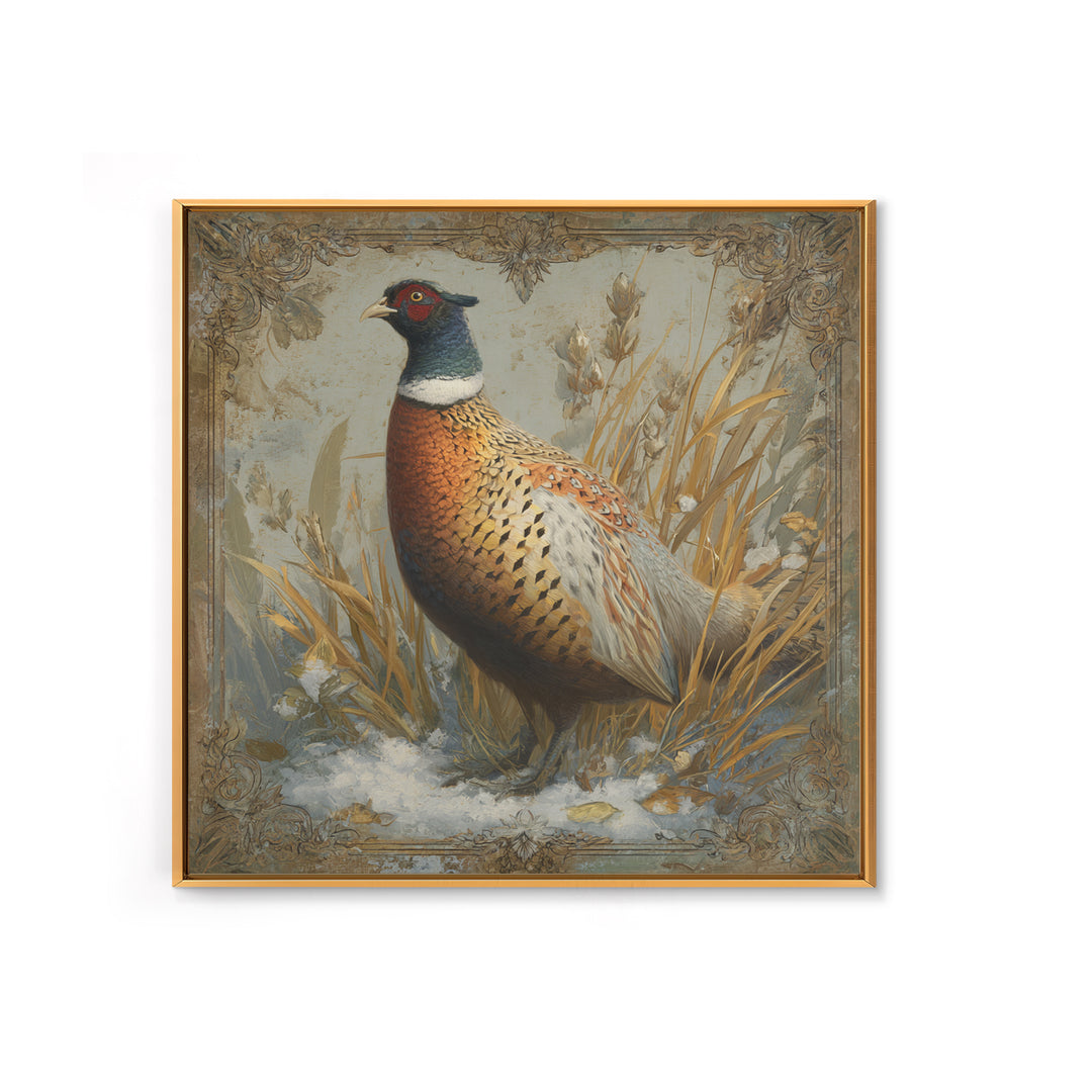 Pheasant with Ornate Feather Details Framed Canvas Print, Bird Art, Gallery Decor, Living Room Decor, Fine Art, Flight, BIR-1x1-67