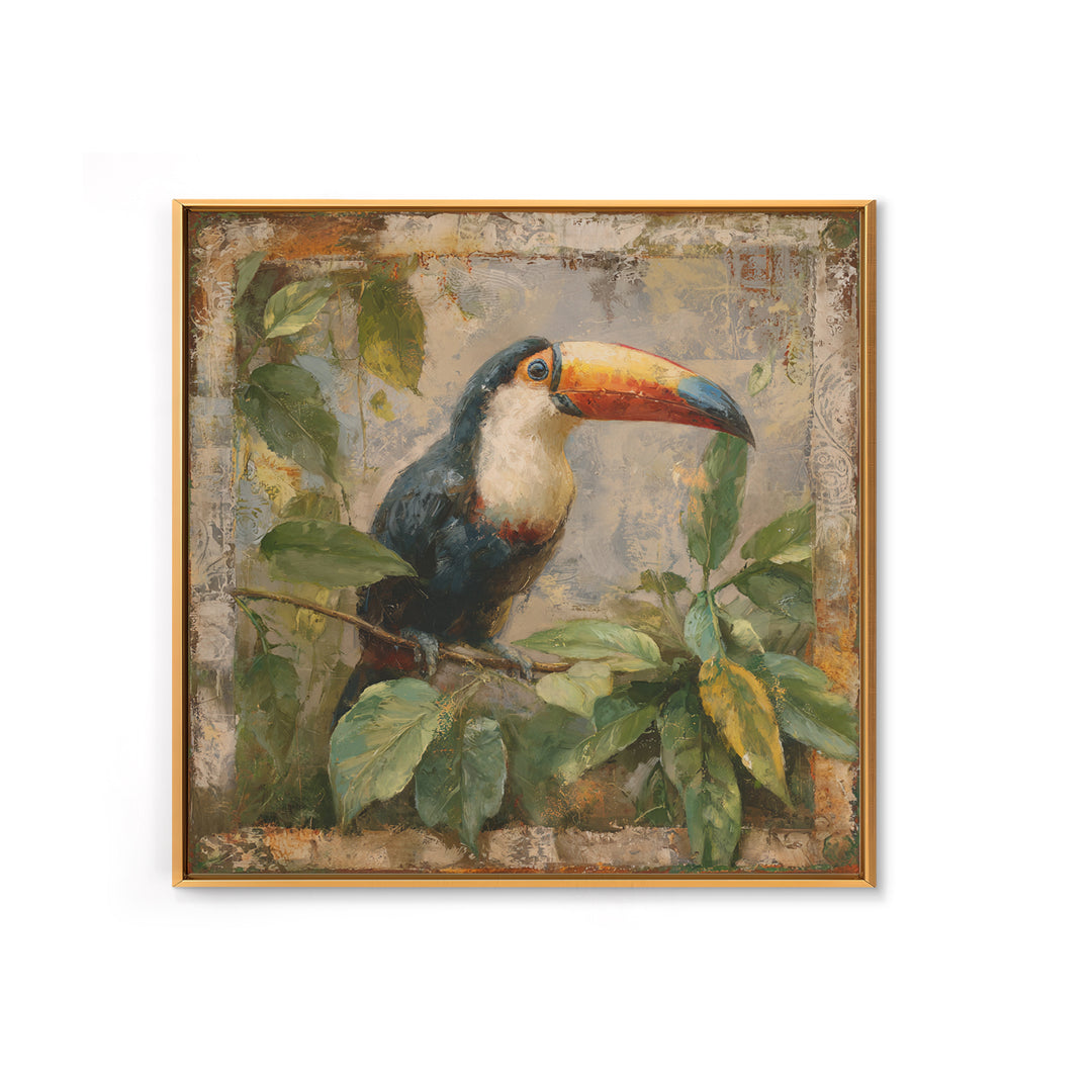 Toucan Framed by Bold Jungle Foliage Framed Canvas Print, Bird Art, Bird Wall Art, Living Room Decor, Fine Art, Flight, BIR-1x1-71