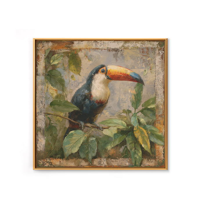 Toucan Framed by Bold Jungle Foliage Framed Canvas Print, Bird Art, Bird Wall Art, Living Room Decor, Fine Art, Flight, BIR-1x1-71