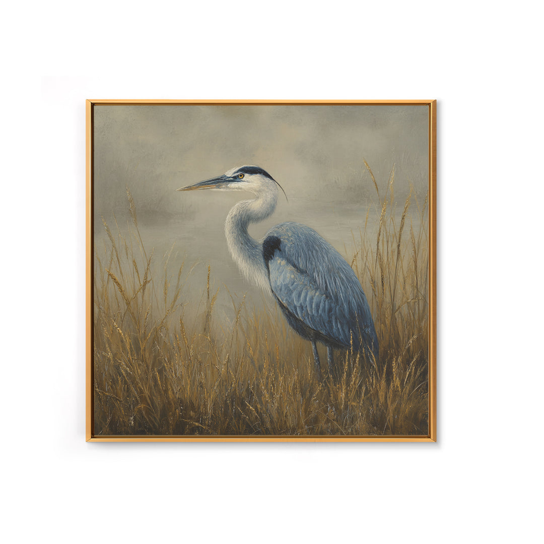 Blue Heron in Misty Marsh Grass Framed Canvas Print, Bird Art, Forest Wall Art, Living Room Decor, Flight, Minimalist Decor, BIR-1x1-74