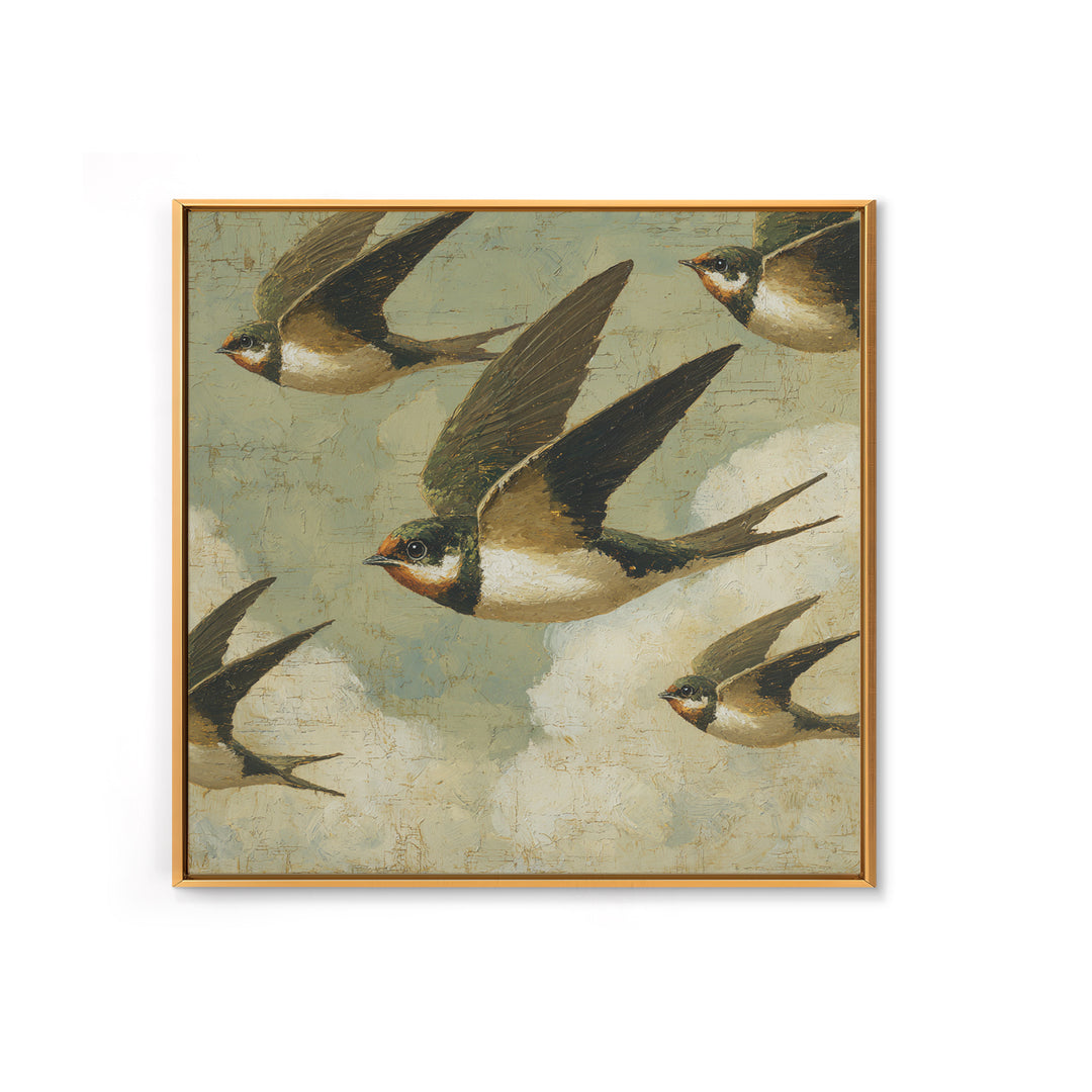 Flock of Swallows Sweeping Across Open Sky Framed Canvas Print, Bird Art, Gallery Decor, Living Room Decor, Fine Art, Flight, BIR-1x1-78