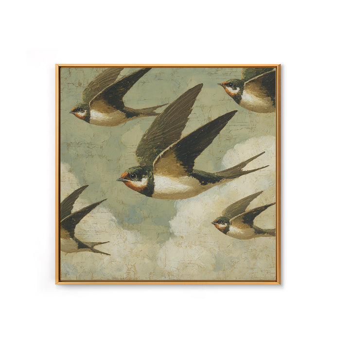 Flock of Swallows Sweeping Across Open Sky Framed Canvas Print, Bird Art, Gallery Decor, Living Room Decor, Fine Art, Flight, BIR-1x1-78