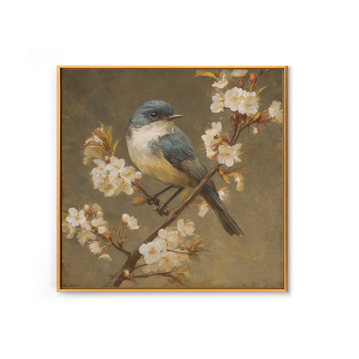 Songbird Perched on Cherry Blossoms Framed Canvas Print, Bird Art, Modern Decor, Living Room Decor, Fine Art, Flight, BIR-1x1-80