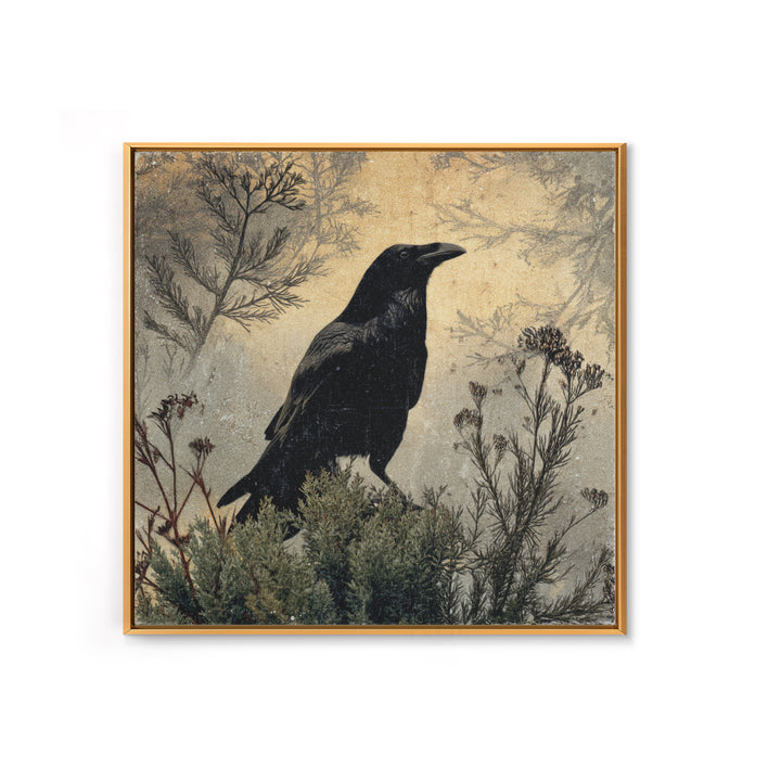 Raven Silhouette with Gothic Atmosphere Canvas Print, Bird Art, Textured Painting, Living Room Decor, Fine Art, Flight, BIR-1x1-81