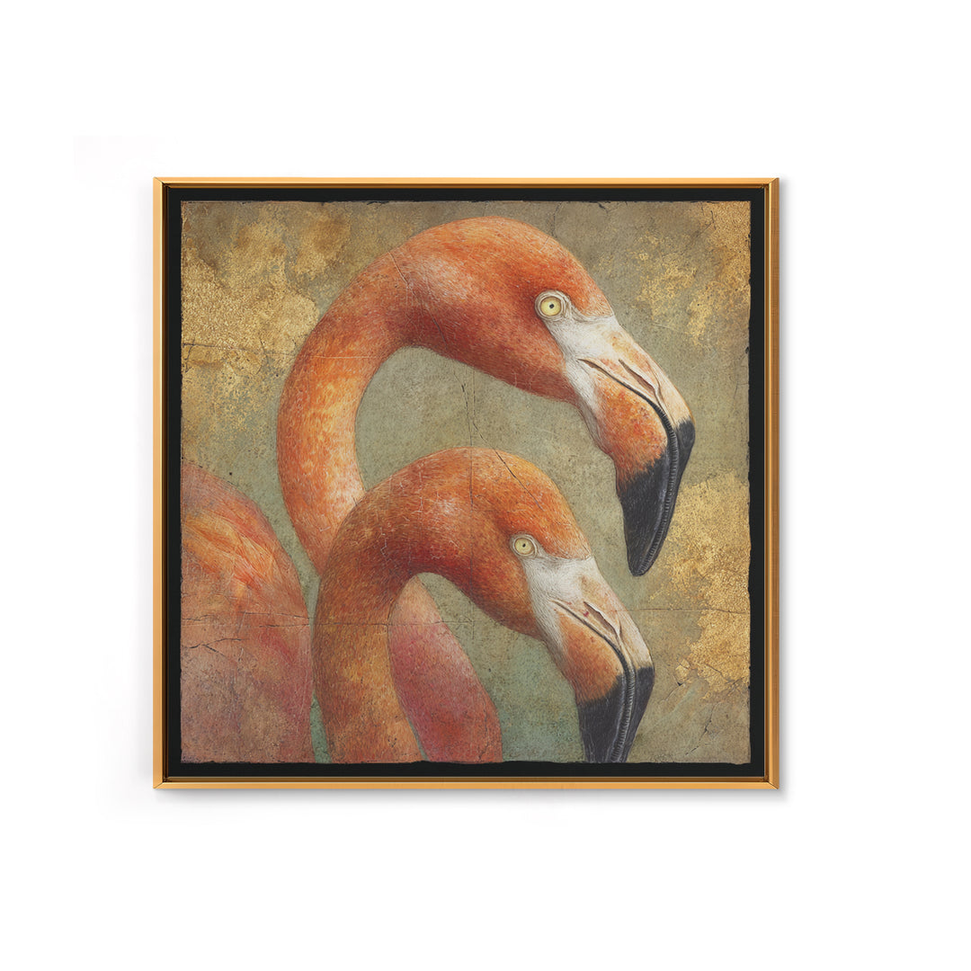Flamingo Pair in Coral Water Reflections Canvas Print, Bird Art, Neutral Decor, Living Room Decor, Oil Painting, Flight, BIR-1x1-82