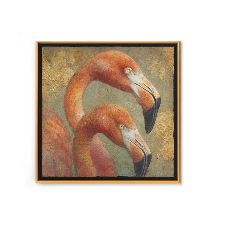 Flamingo Pair in Coral Water Reflections Canvas Print, Bird Art, Neutral Decor, Living Room Decor, Oil Painting, Flight, BIR-1x1-82