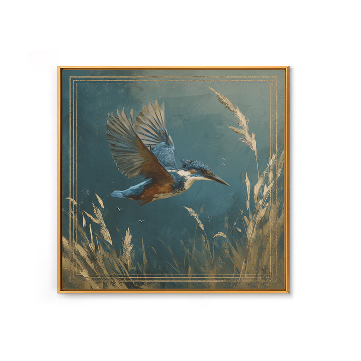 Kingfisher Diving Toward Blue Water Framed Canvas Print, Bird Art, Statement Artwork, Living Room Decor, Fine Art, Flight, BIR-1x1-83