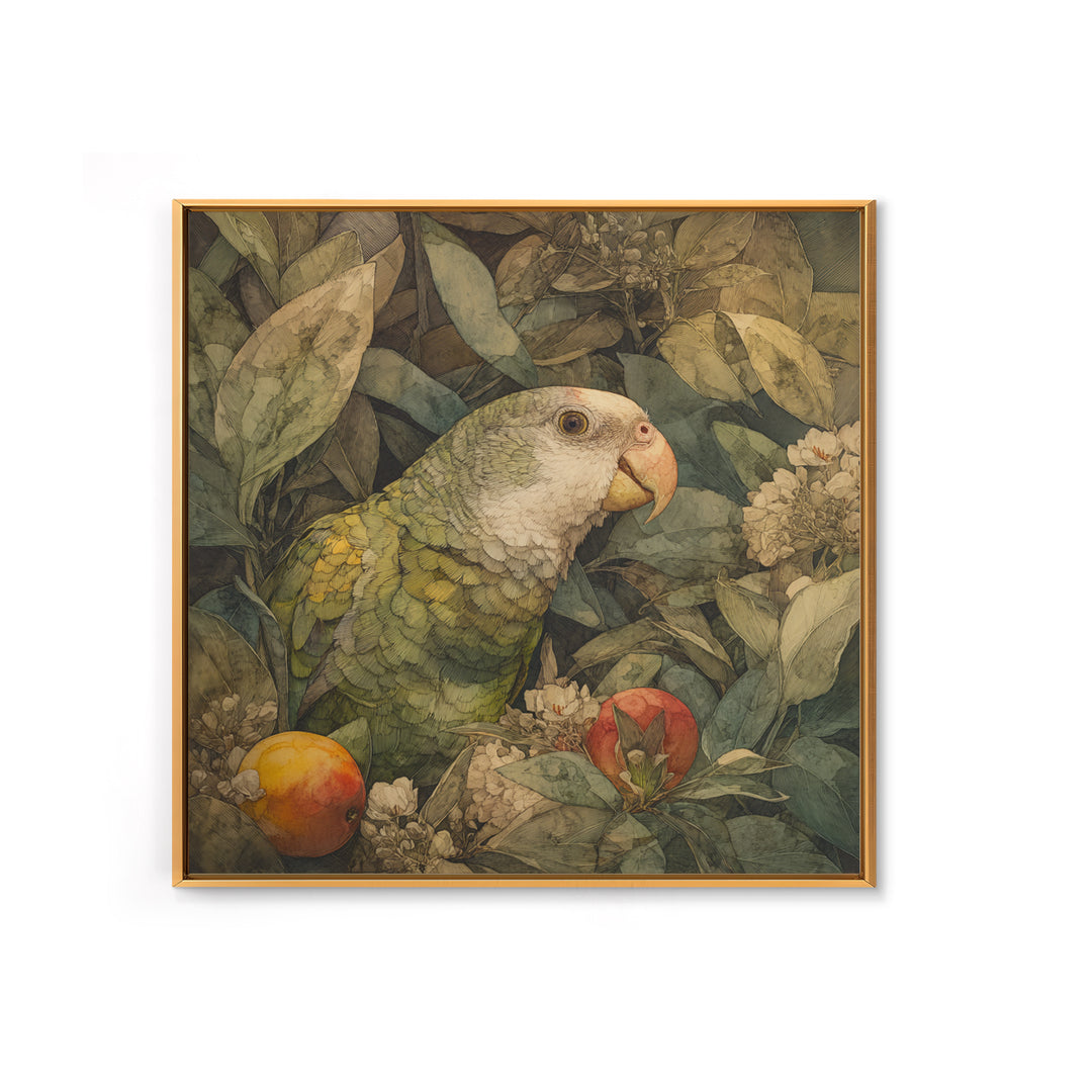 Parrot Among Tropical Leaves and Fruit Canvas Print, Bird Art, Boho Decor, Living Room Decor, Fine Art, Flight, BIR-1x1-85