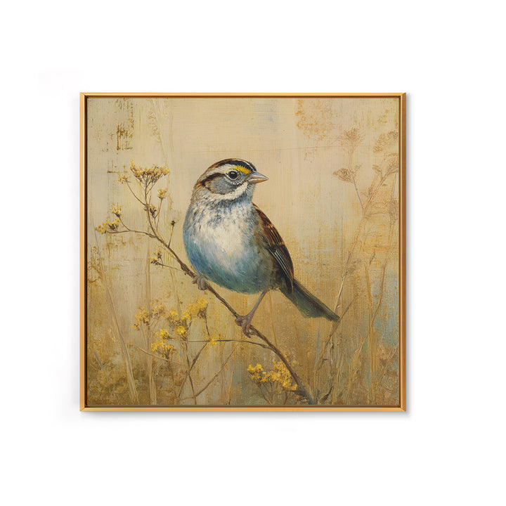 Small Sparrow on Wildflower Stem Canvas Print, Bird Art, Modern Decor, Living Room Decor, Oil Painting, Flight, Home Decor, BIR-1x1-86