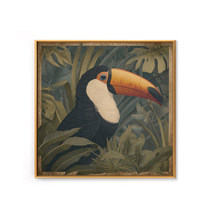 Toucan Framed by Bold Jungle Foliage Canvas Print, Bird Art, Neutral Decor, Living Room Decor, Fine Art, Flight, Wall Art, BIR-1x1-95
