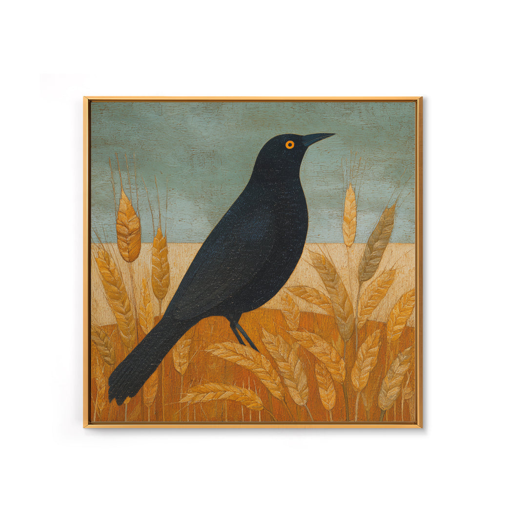 Blackbird on Gold Wheat Field Framed Canvas Print, Bird Art, Printable Wall Art, Living Room Decor, Fine Art, Flight, BIR-1x1-96